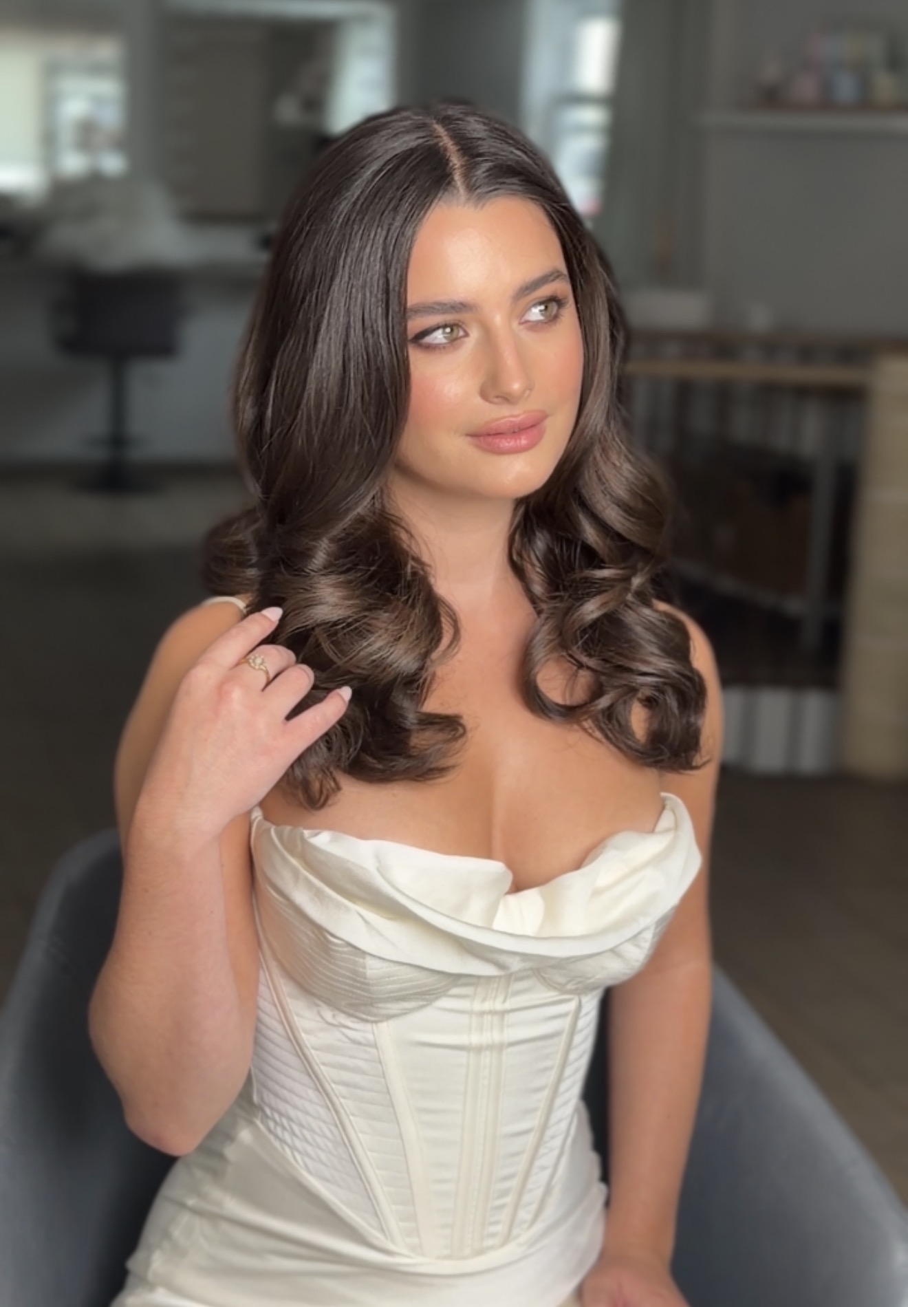 Bouncy blow dry bridal hair down style 